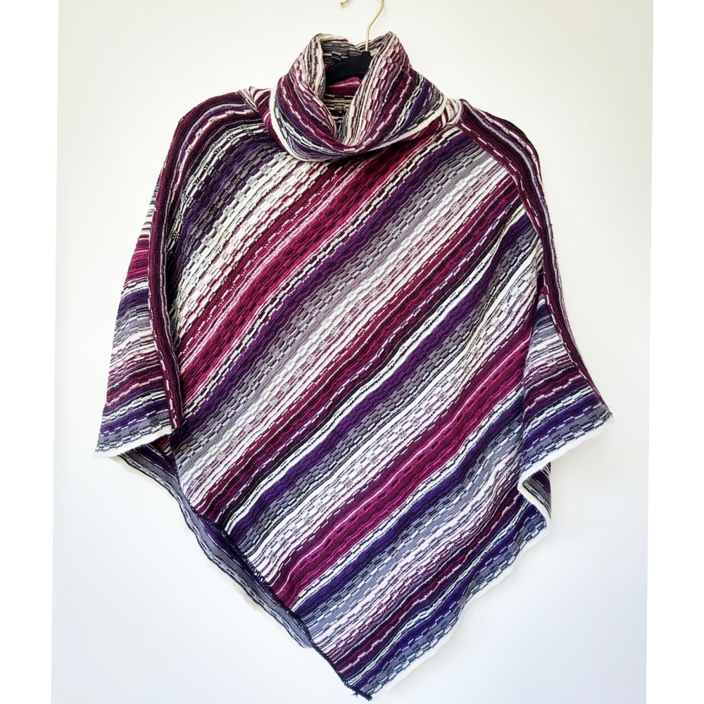 Maurices Cozy Knit Turtleneck Poncho Striped Purple Gray Pink Cream One Size